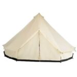 A white tent with black trim.