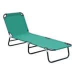 A green folding lounge chair on a white background.