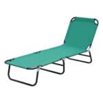 A green folding lounge chair on a white background.