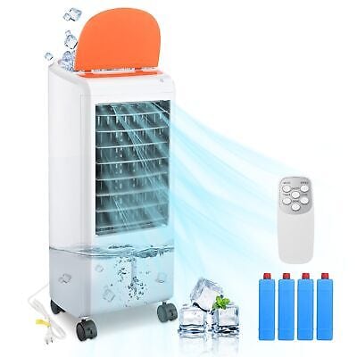 A portable air cooler with remote control and ice cubes.