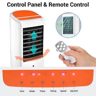 An orange air conditioner with a remote control.