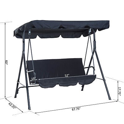 A black swing with a canopy and measurements.