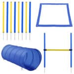 A set of blue and yellow hurdles and poles.