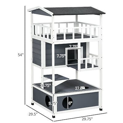 A white and gray cat house with measurements.
