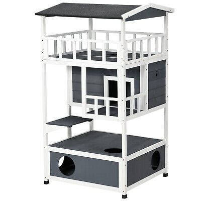 A white and gray cat house with two floors.
