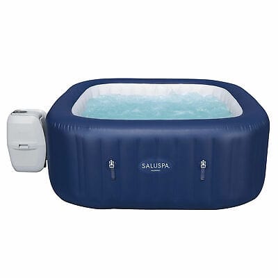 An inflatable hot tub with a blue cover.