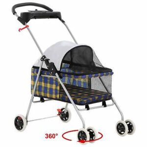 A blue and yellow stroller with a white cover.