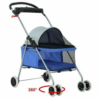 A blue and grey stroller with a mesh cover.