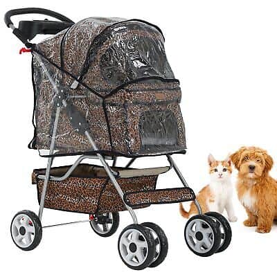 A stroller with a cat and a dog next to it.