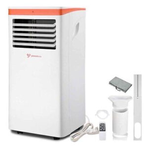 A white and orange portable air conditioner with remote control.