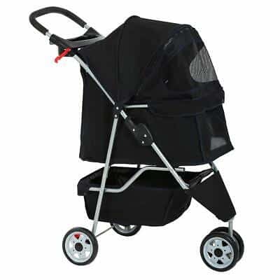 A black pet stroller with wheels and a seat.