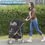 A woman pushing a stroller with a dog.