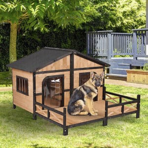 A dog sitting in a dog house.