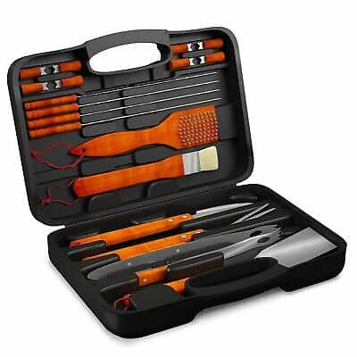A set of orange bbq tools in a case.