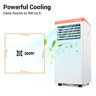 A portable air conditioner with the words powerful cooling.