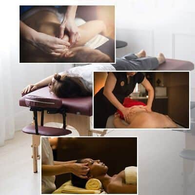 A collage of pictures of a woman getting a massage.