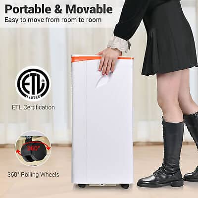 An image of a portable air purifier with a woman standing next to it.
