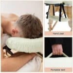 Four pictures of a man using a massage table.