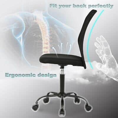 A black office chair with an image of an ergonomic design.