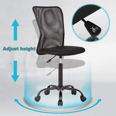 A black mesh office chair with adjustable height.