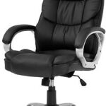 A black leather office chair on a white background.