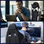 Two pictures of a man sitting in a gaming chair.