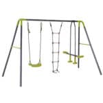 A swing set with two swings and a slide.