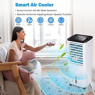 A woman is sitting on a couch with a smart air conditioner.