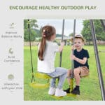 Two children on a swing set with the words encourage healthy outdoor play.