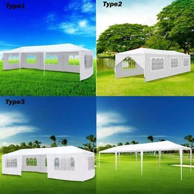 Four different types of white gazebo tents.