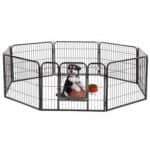 A black dog play pen with a ball in it.