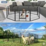 Two pictures of a dog in a play pen.