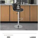 A black bar stool with a weight capacity of 250 lbs.