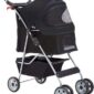 A black pet stroller with a canopy and storage basket.