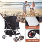 A composite image showcasing a pet stroller with a main photo of a dog inside the stroller at the beach with two people in the background, and inset images highlighting the stroller's features such as removable pad and safety brake wheels.