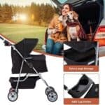 Woman sitting in a car trunk with a dog, beside an advertised baby stroller with highlighted features such as extra large storage and an abs cup holder.