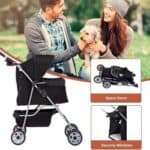 A couple enjoying time with their dog using a convertible pet stroller that highlights its space-saving design and security features.