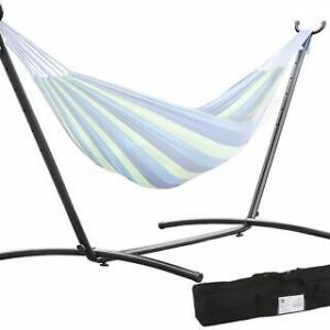 Striped hammock with a metal stand and a carrying case.