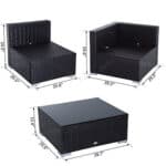 Three-piece rattan outdoor furniture set with dimensions displayed.