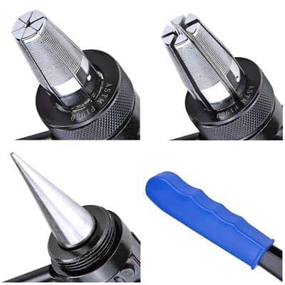 Four pictures of a tool with a blue handle.