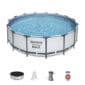 Above-ground swimming pool with accessories including a cover, ladder, filter pump, and maintenance kit.