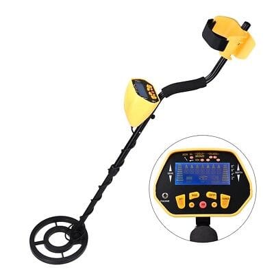 A metal detector with a yellow and black screen.