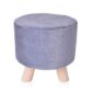 A small purple fabric ottoman with wooden legs.