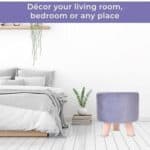 Modern bedroom interior with a bed and a purple ottoman, suggesting home decor ideas for various living spaces.