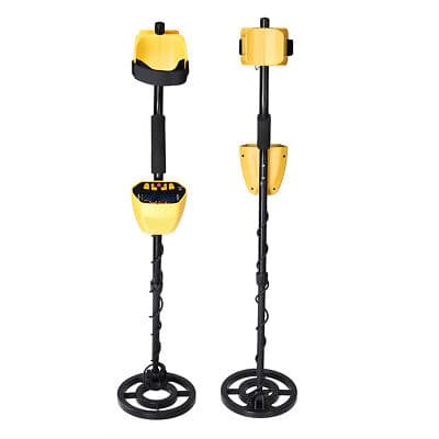 Two yellow and black metal detectors on a white background.