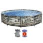 Above-ground pool with stone-patterned walls, filter pump, and one filter cartridge.