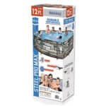 Packaging of a bestway steel pro max 12ft above-ground pool with images of people enjoying the pool printed on the box.