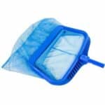 Blue pool skimmer net with a detachable handle on a white background.