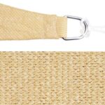 Close-up of a beige woven fabric strap with a silver metal buckle and a detailed texture view of the woven material.