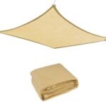 Beige sun shade sail next to its folded version on a white background.